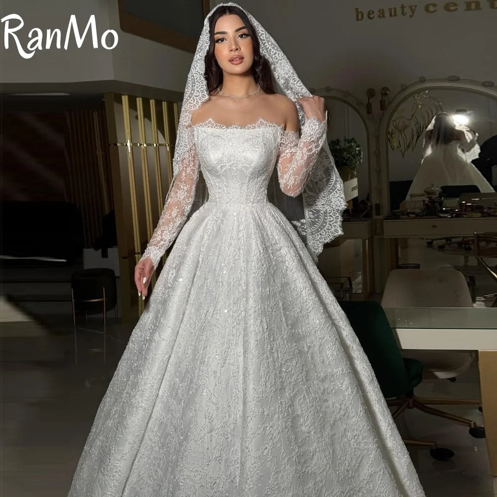 Exquisite Long Sleeve Sparkly Wedding Dress - Off Shoulder Backless Ball Gown - JStorehub 