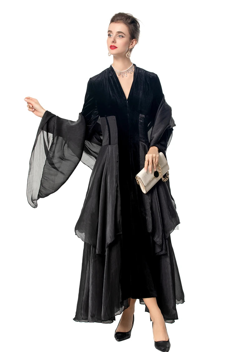 Women's Dresses Sexy V Neck Long Sleeves Velvet Patchwork Ruffles Elegant Fashion Designer Party Prom Gown - SalmanStore 