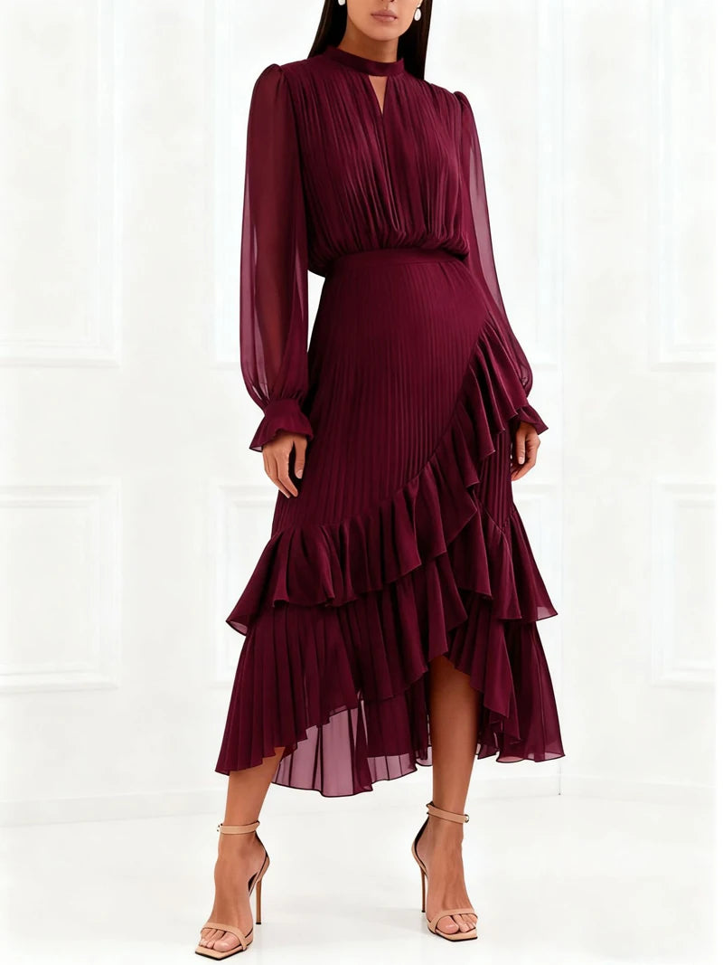 Ruffle Long Sleeve Layered A-Line Dress - Chic Spring Summer Pleated Gown - SalmanStore 