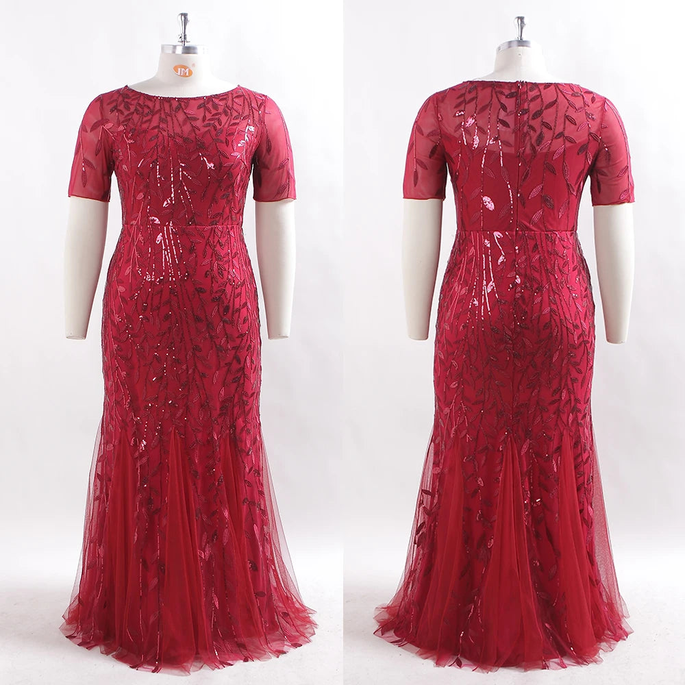Plus Size Sequin Mesh Embroidery Mermaid Evening Dress - Short Sleeve - JStorehub 