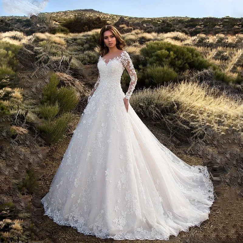 Elegant Long Sleeve Lace Plus Size Wedding Dress - 3XL Ball Gown Bridal Gown - JStorehub 