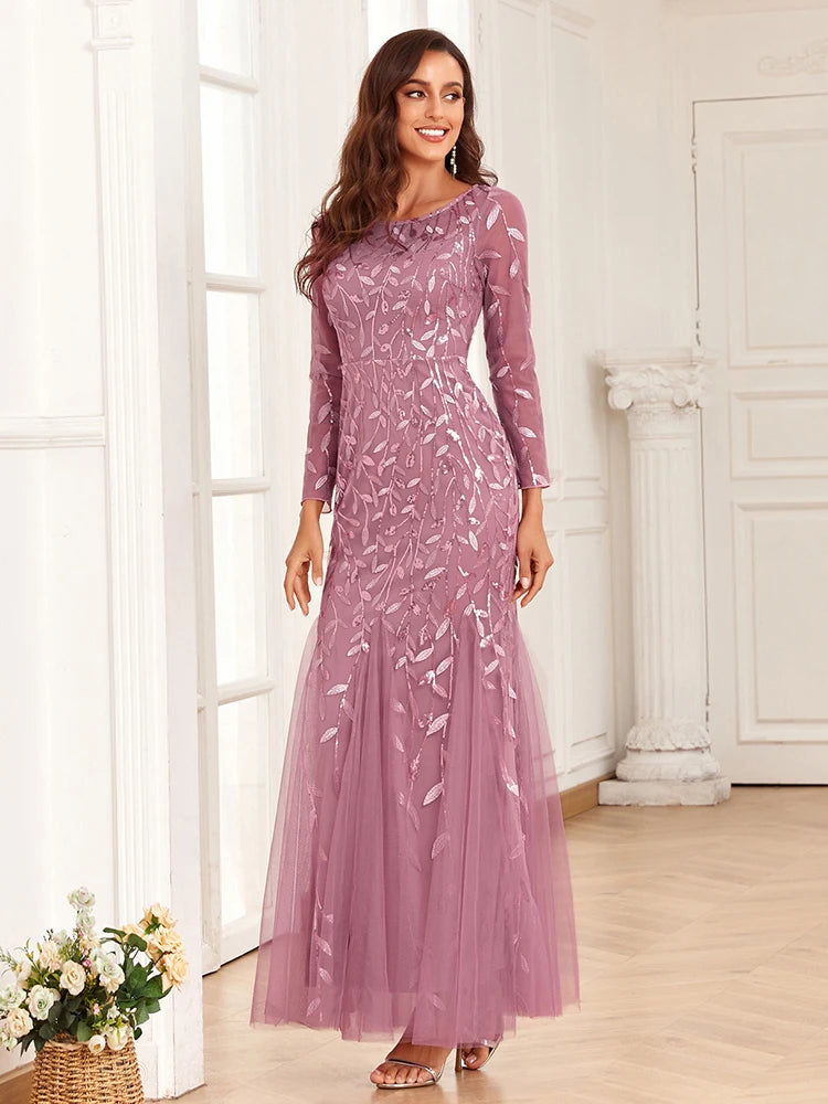 Mermaid Tulle Embroidery Evening Dress - O-Neck Full Sleeve Formal Gown - SalmanStore 