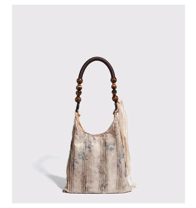 Chinese Style Rose Decor Shoulder Bag - Classic Pleated Commuter Tote Bag - JStorehub 