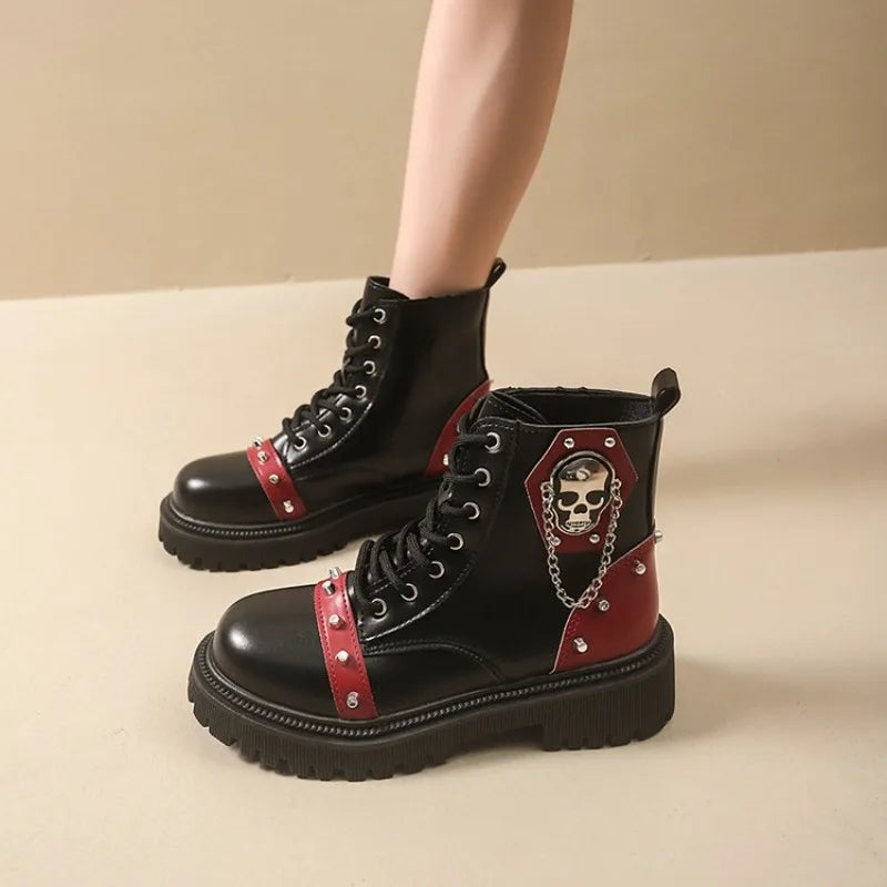 Women's Punk Ankle Boots - Platform Buckle Lace-Up Block Heel Shoes