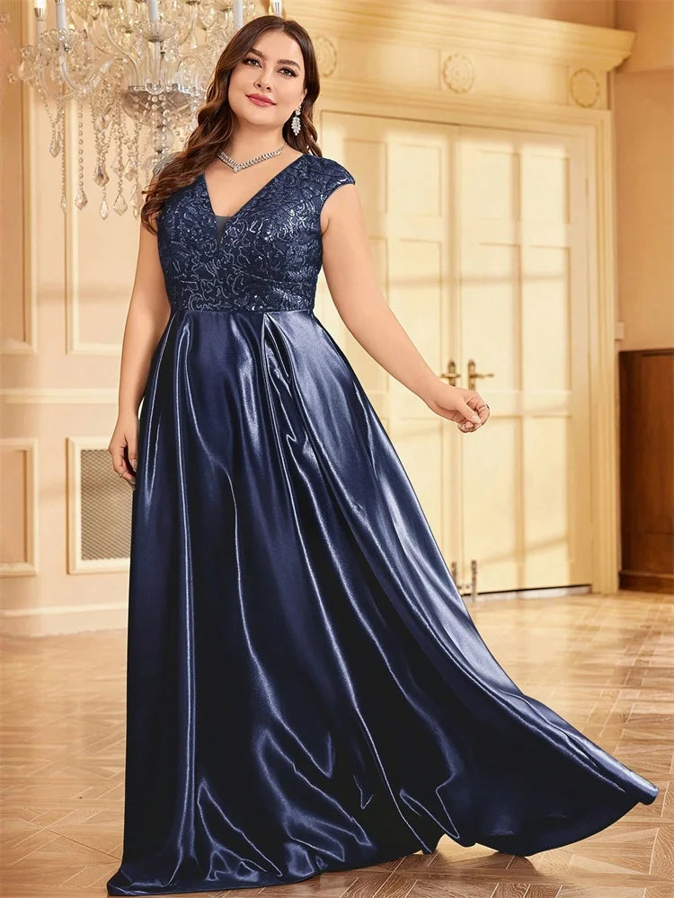 Blueplum Plus Size Gold Satin V-Neck Sequin Evening Dress 2025 - JStorehub 