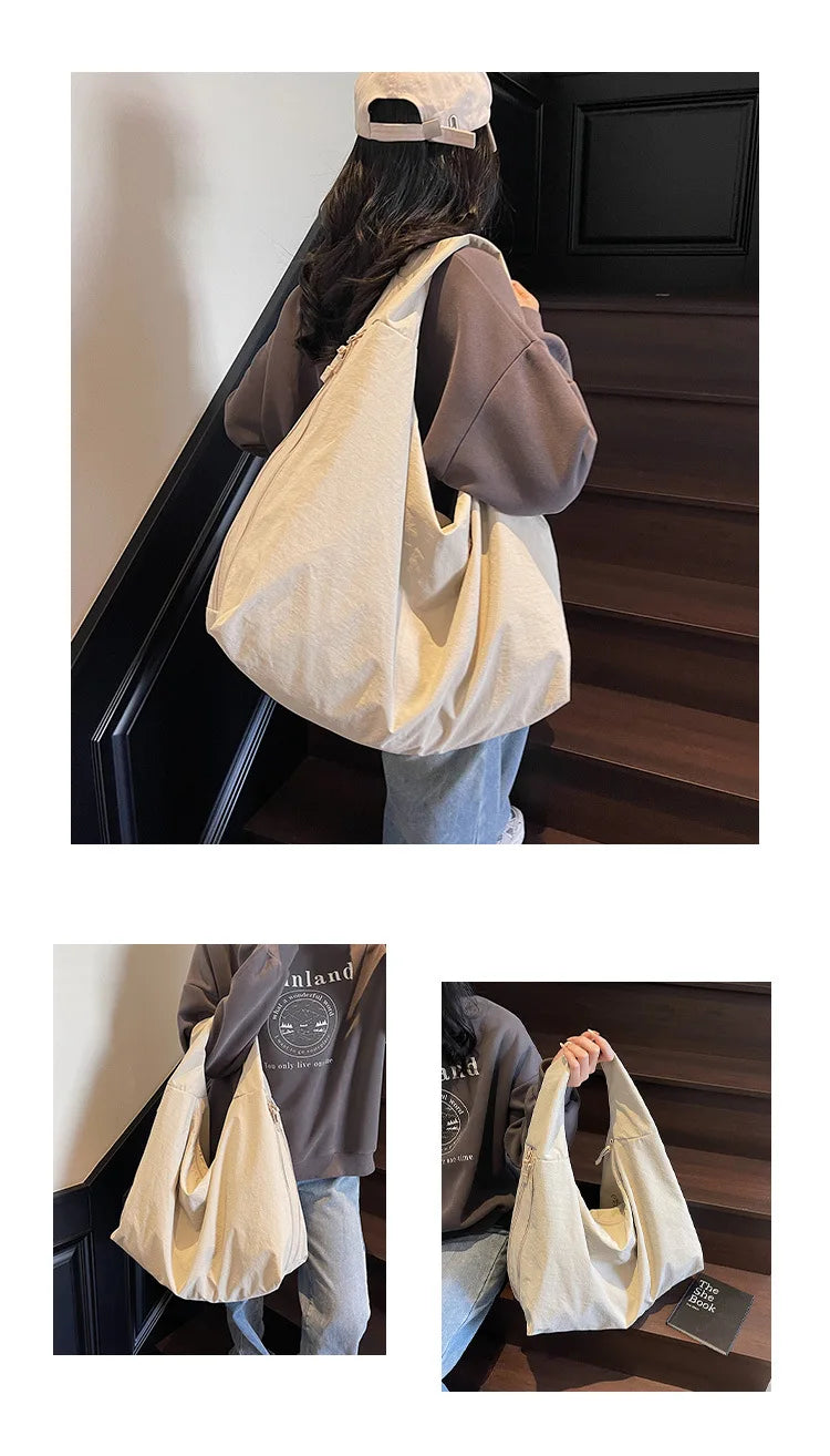 Chic Solid Color Nylon Tote Bag with Multiple Pockets - Large Capacity Shoulder Bag - JStorehub 