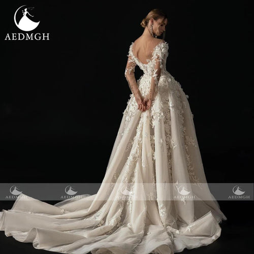 A-Line Elegant Wedding Dress - Boat Neck Long Sleeve Lace Applique Bridal Gown - JStorehub 