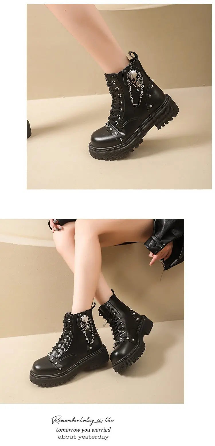 Women's Punk Ankle Boots - Platform Buckle Lace-Up Block Heel Shoes - JStorehub 