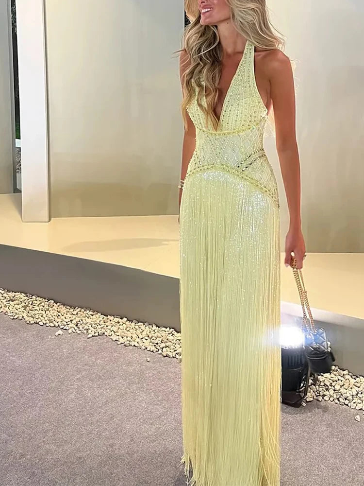 Elegant Women Dresses - Off Shoulder Sleeveless Tassel Dress