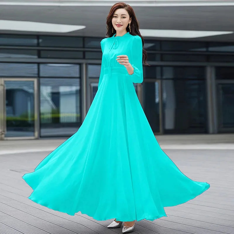 2026 Bohemian Beach Long Chiffon Dress - Elegant Long Sleeve 4XL