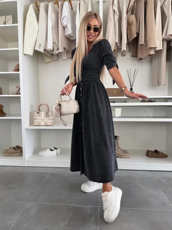 Women Dresses: V Neck Denim Dress - Elegant Style | Salman Store