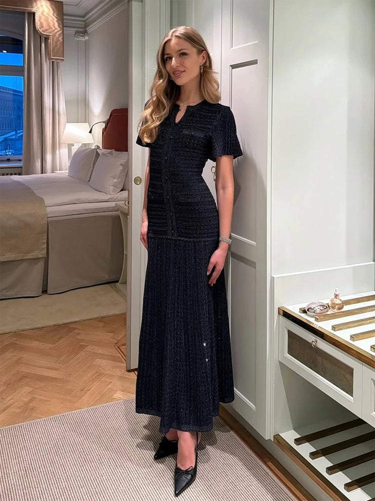 Solid Knit Hollow Out Maxi Dress for Women - Short Sleeve Bodycon Dress 2026 - JStorehub 