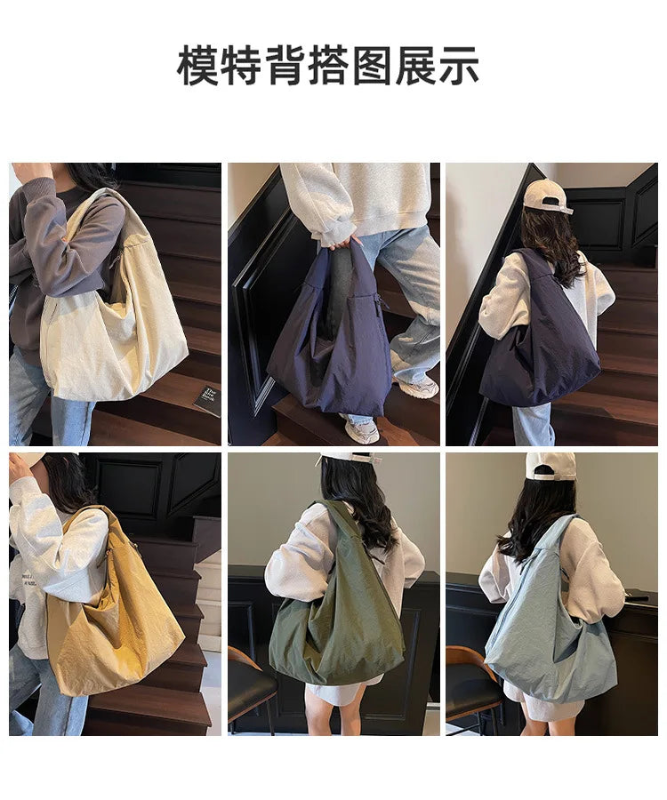 Chic Solid Color Nylon Tote Bag with Multiple Pockets - Large Capacity Shoulder Bag - JStorehub 