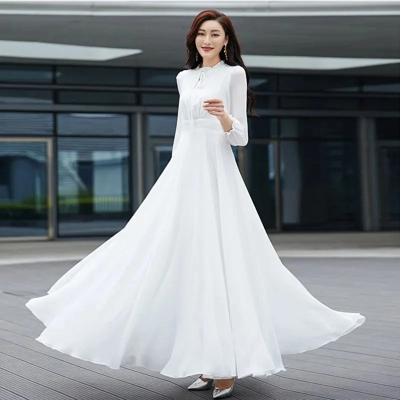 2026 Bohemian Beach Long Chiffon Dress - Elegant Long Sleeve 4XL