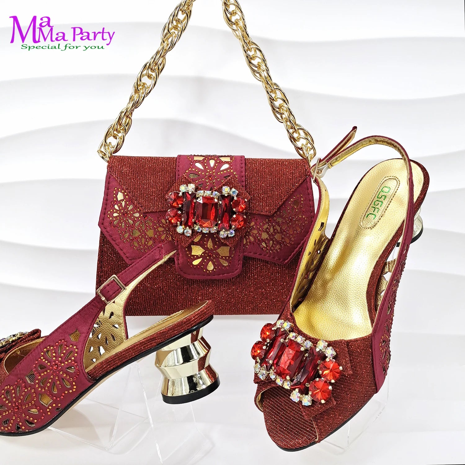 Wine Color Italian Design Shoes & Bag Set - Mid Heels with Crystal for Wedding - JStorehub 