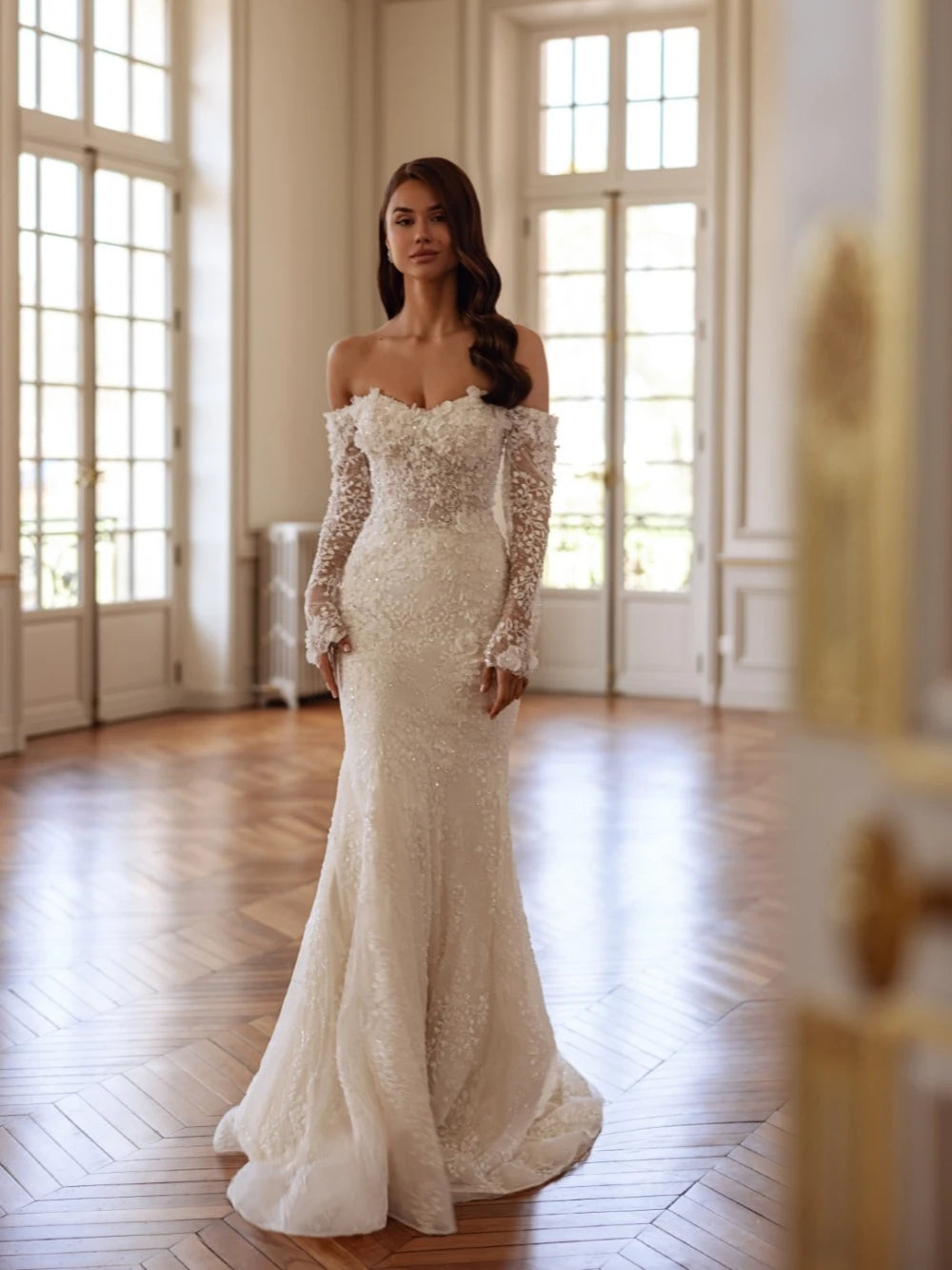 Shiny Beaded Applique Wedding Dress - 3D Flower Off-Shoulder Mermaid Bridal Gown - JStorehub 