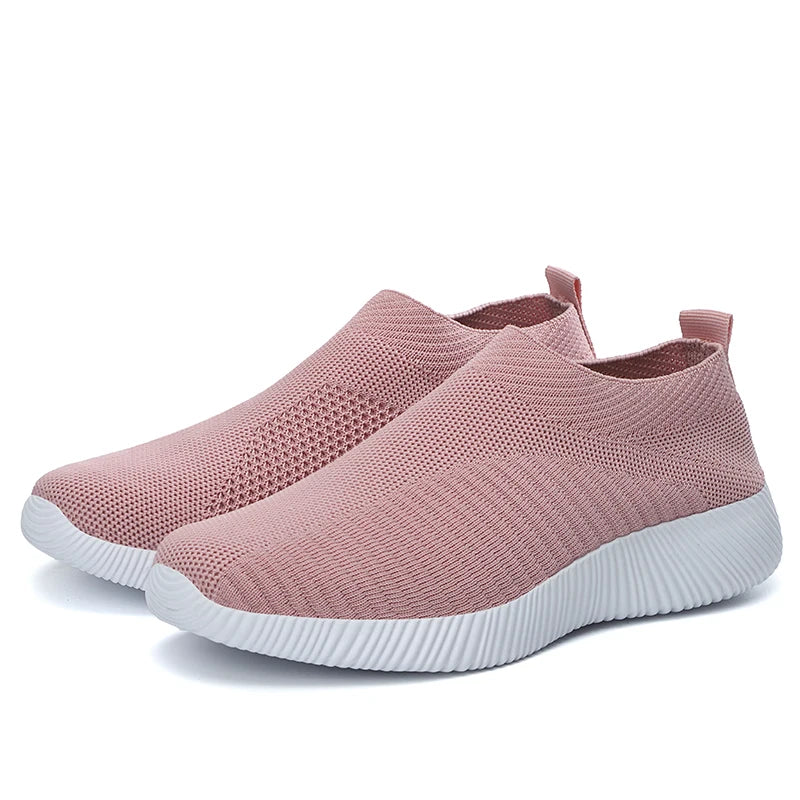 Women's Pink Mesh Sneakers - Breathable Flying Woven Slip-On Walking Shoes - JStorehub 