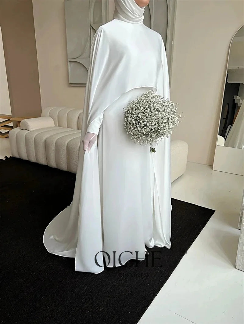 Modest White Muslim Wedding Dress with Cape - Long Sleeve Customized Bridal Gown - JStorehub 