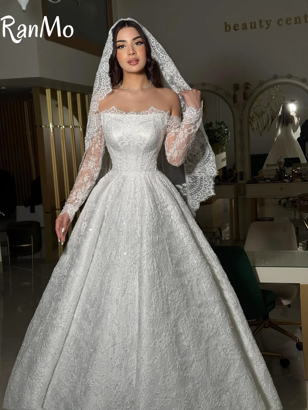 Exquisite Long Sleeve Sparkly Wedding Dress - Off Shoulder Backless Ball Gown - JStorehub 