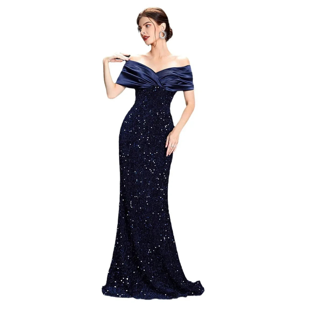 Slim Fit One Shoulder Sequin Evening Gown - A-Line Floor Length Party Dress - JStorehub 