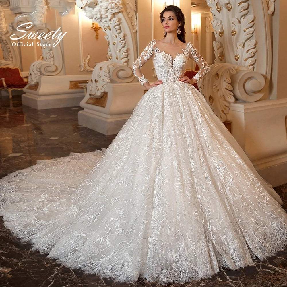 Luxury Embroidered Lace Ball Gown Wedding Dress - O-Neck Full Sleeve Bridal Gown - JStorehub 