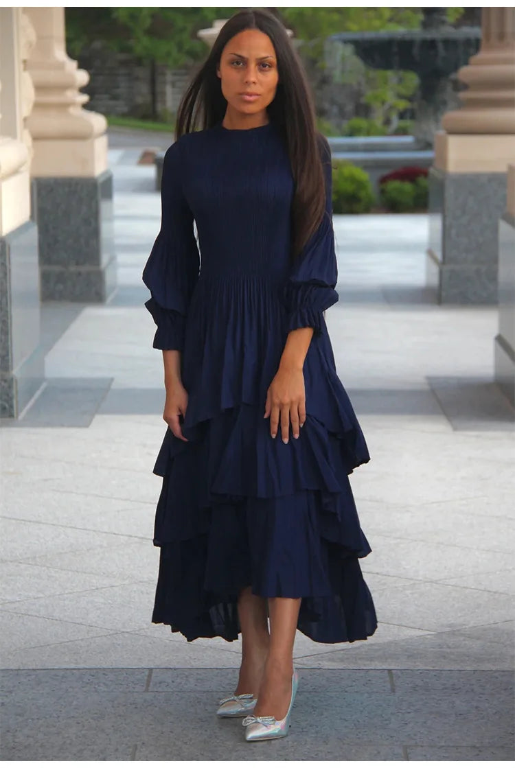 Miyake Pleated Lantern Sleeve Dress - Solid Color Lotus Edge Long Skirt - JStorehub 