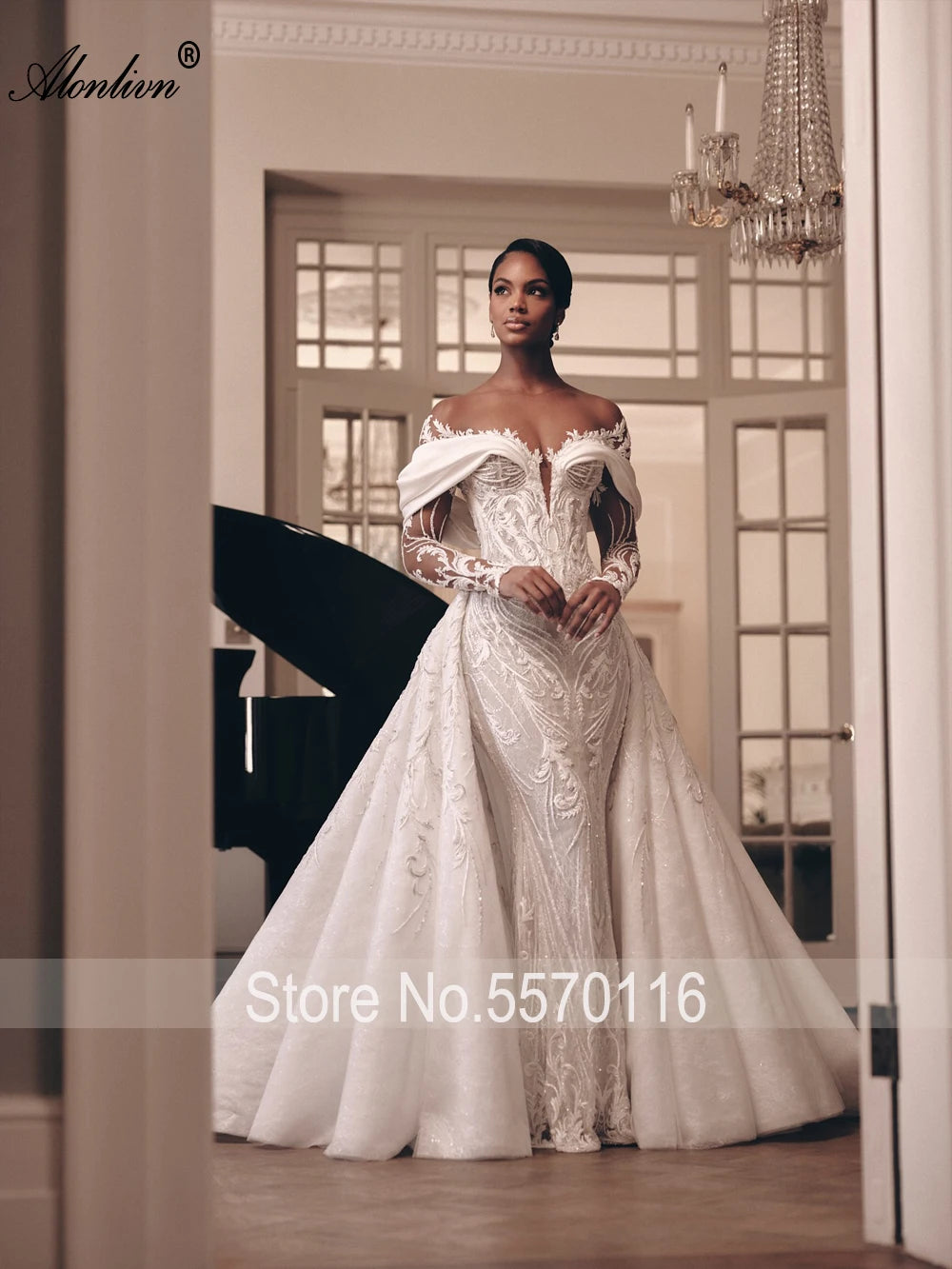 Luxury 2-in-1 Lace Mermaid Wedding Dress - Beading Illusion Neck Bridal Gown - JStorehub 