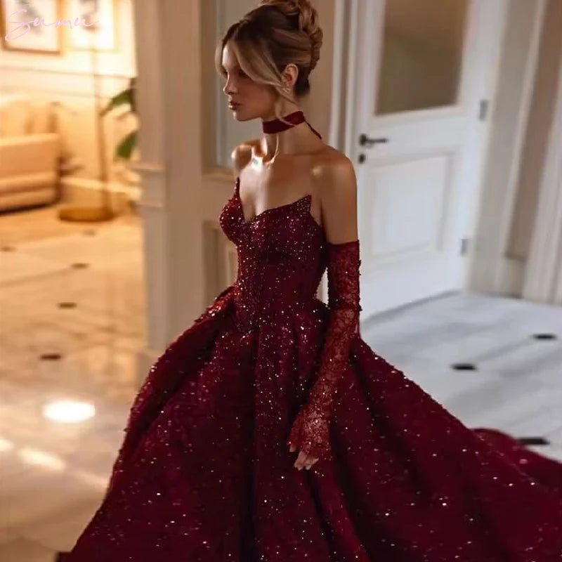 Burgundy A-Line Side Slit Wedding Dress - Off Shoulder Beaded with Detachable Sleeves - JStorehub 