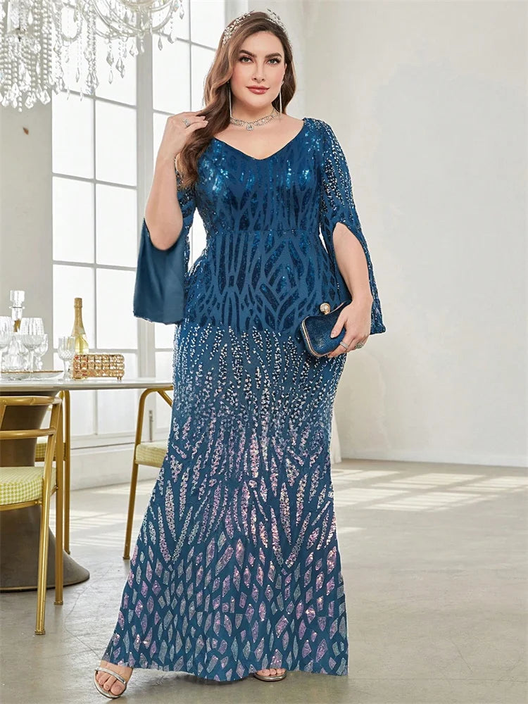 Plus Size Black Sequin Long Sleeve Evening Dress 2025 Luxury Prom - JStorehub 