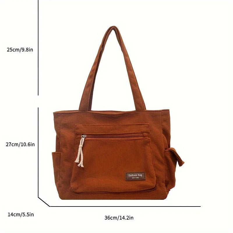 Simple Corduroy Tote Bag for Women - Solid Color Retro Multi-Pocket Shoulder Bag - JStorehub 