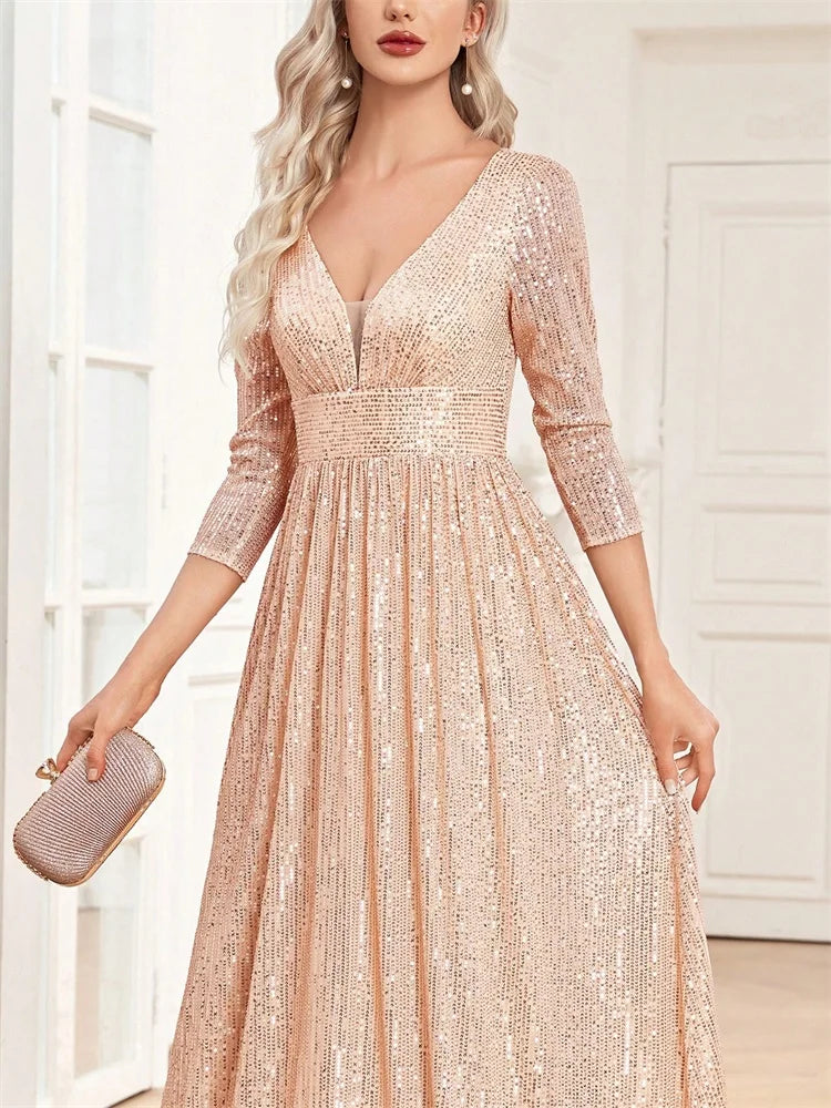 Luxury Blue Sequins V-Neck Long Sleeve Evening Dress - Prom Wedding Gown - SalmanStore 