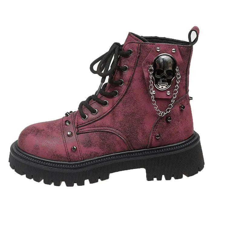 Women's Punk Ankle Boots - Platform Buckle Lace-Up Block Heel Shoes