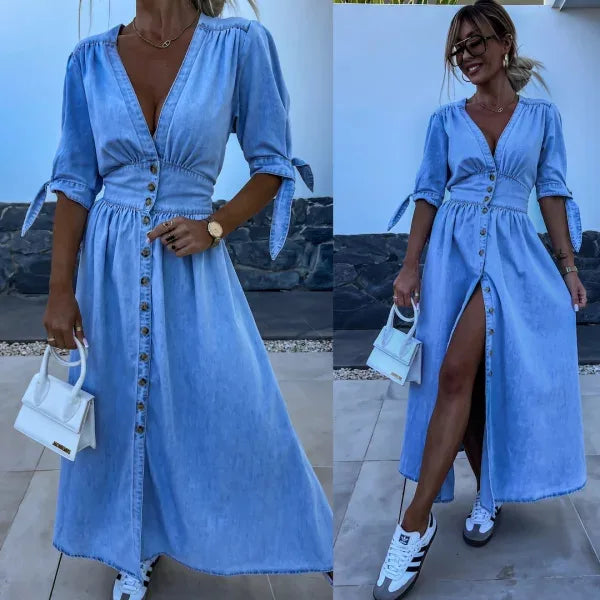 Women Dresses: V Neck Denim Dress - Elegant Style | Salman Store