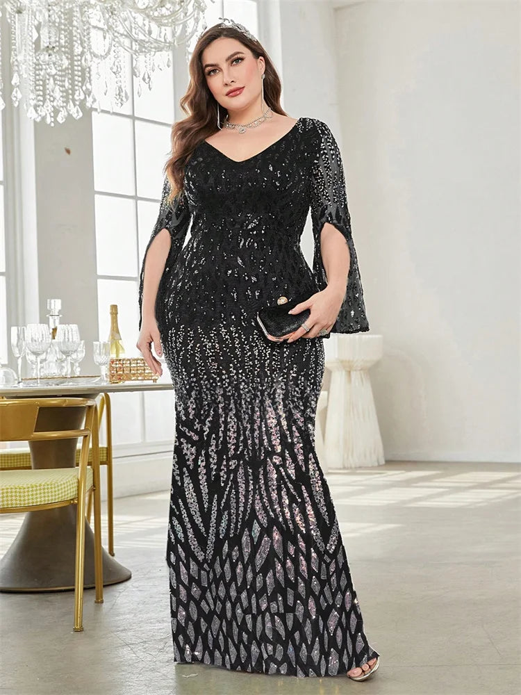 Plus Size Black Sequin Long Sleeve Evening Dress 2025 Luxury Prom - JStorehub 