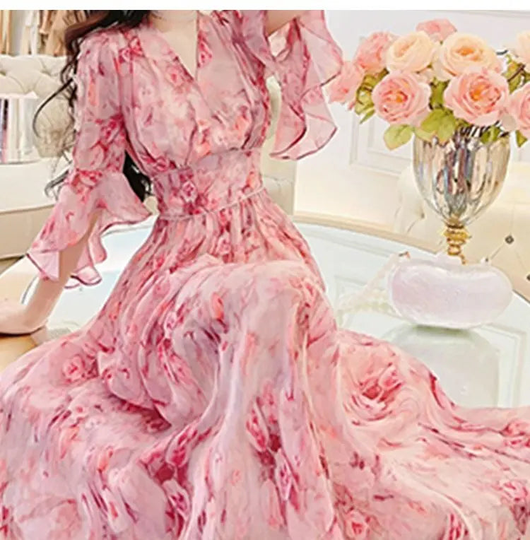 Floral Print Chiffon V-Neck Maxi Dress - Korean High Waist Casual - JStorehub 