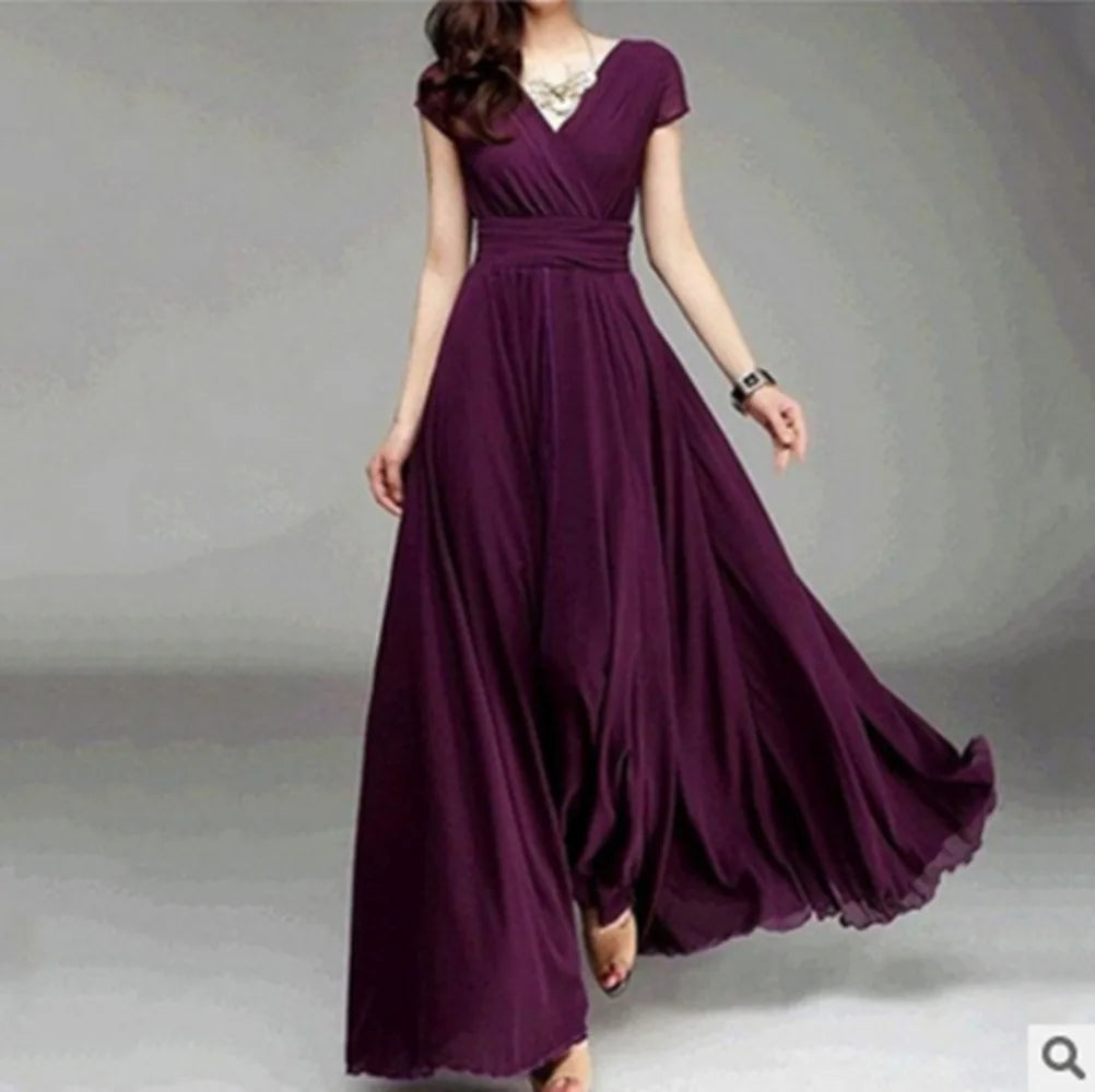 Women's Short Sleeve Chiffon Evening Dress - Bohemian Party Long Gown - JStorehub 