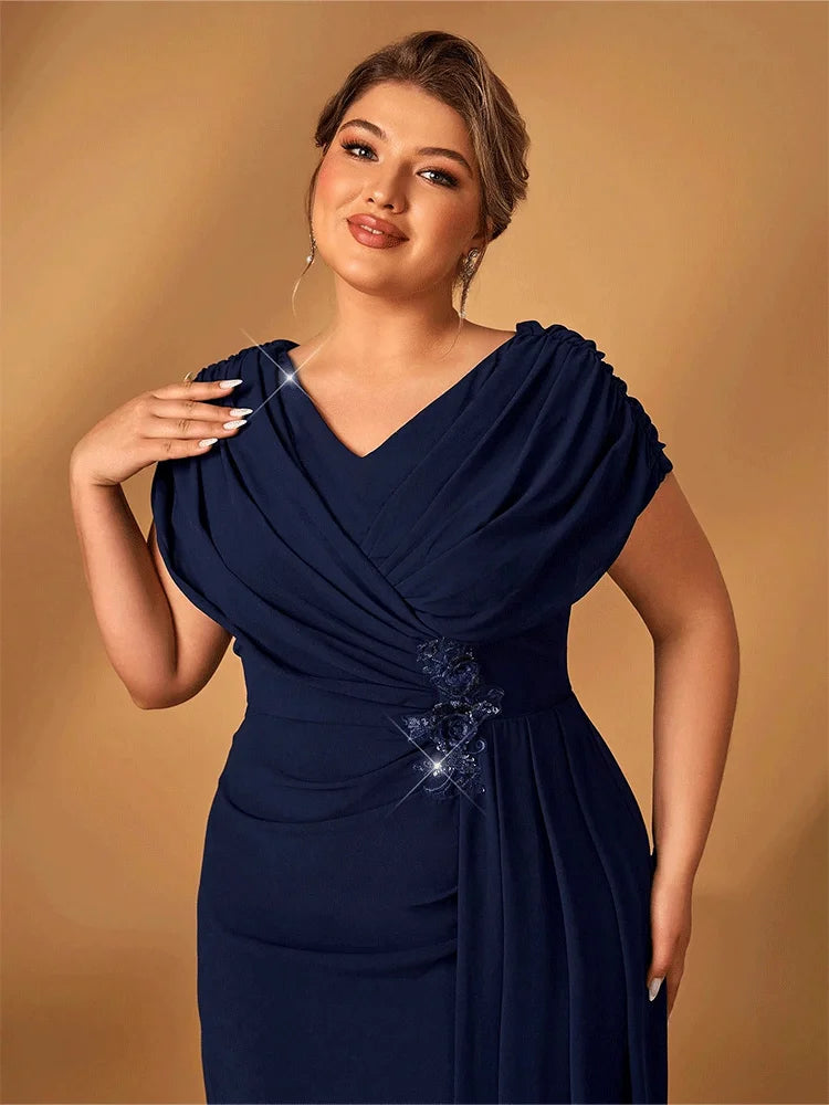 Plus Size Luxury Navy Blue Chiffon Mother of Bride Evening Dress - JStorehub 