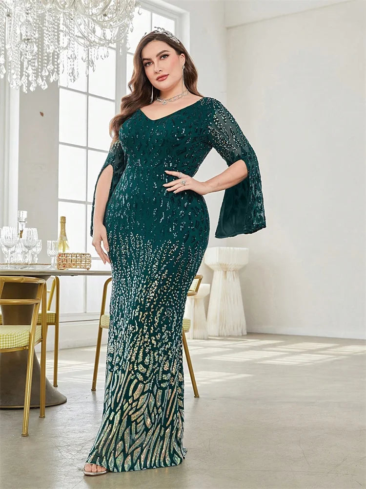 Plus Size Black Sequin Long Sleeve Evening Dress 2025 Luxury Prom - JStorehub 