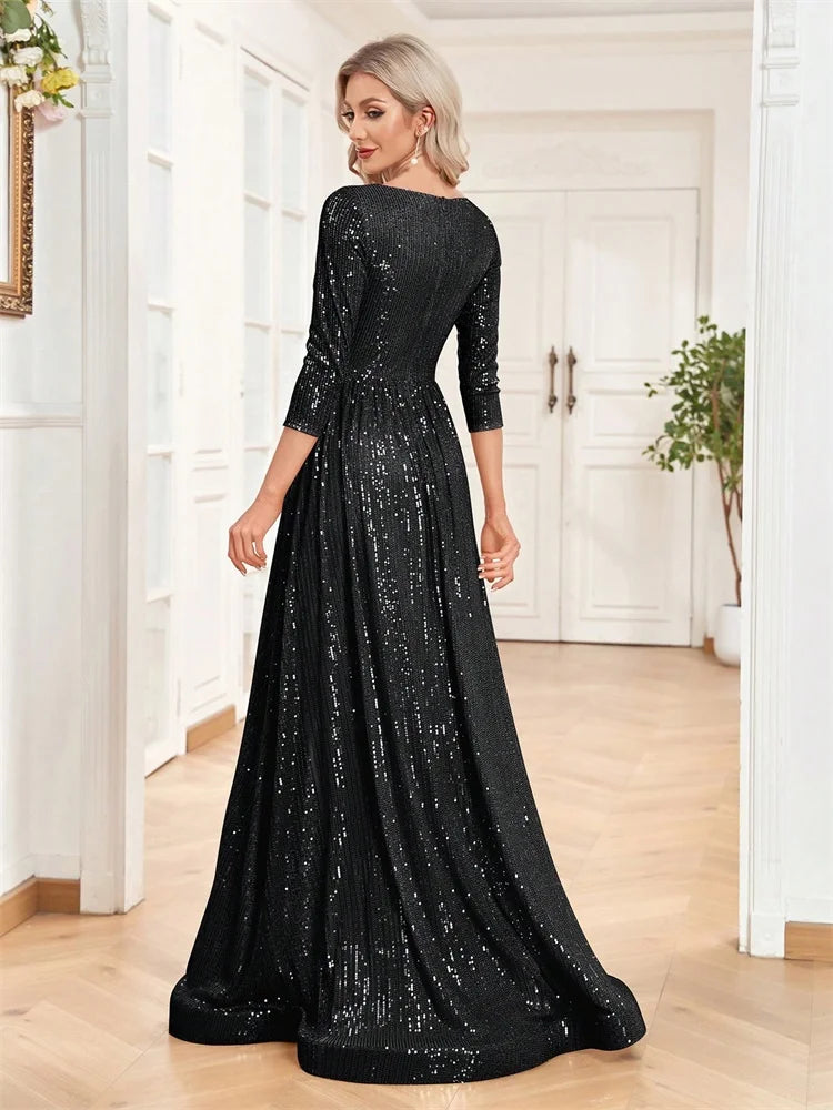 Luxury Blue Sequin Long Sleeve Evening Dress - V-Neck Formal Prom Gown 2025 - JStorehub 