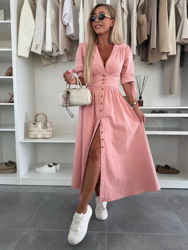 Women Dresses: V Neck Denim Dress - Elegant Style | Salman Store