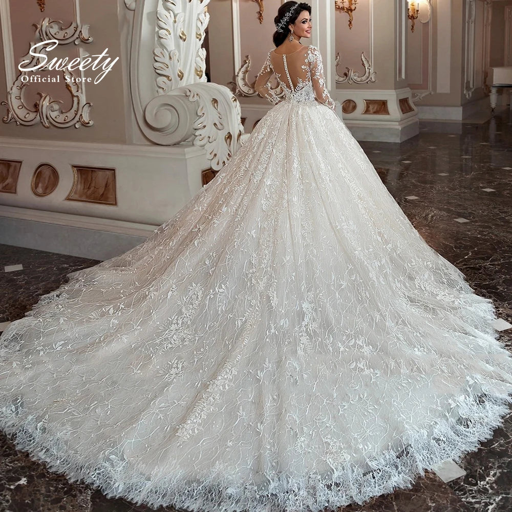Luxury Embroidered Lace Ball Gown Wedding Dress - O-Neck Full Sleeve Bridal Gown - JStorehub 