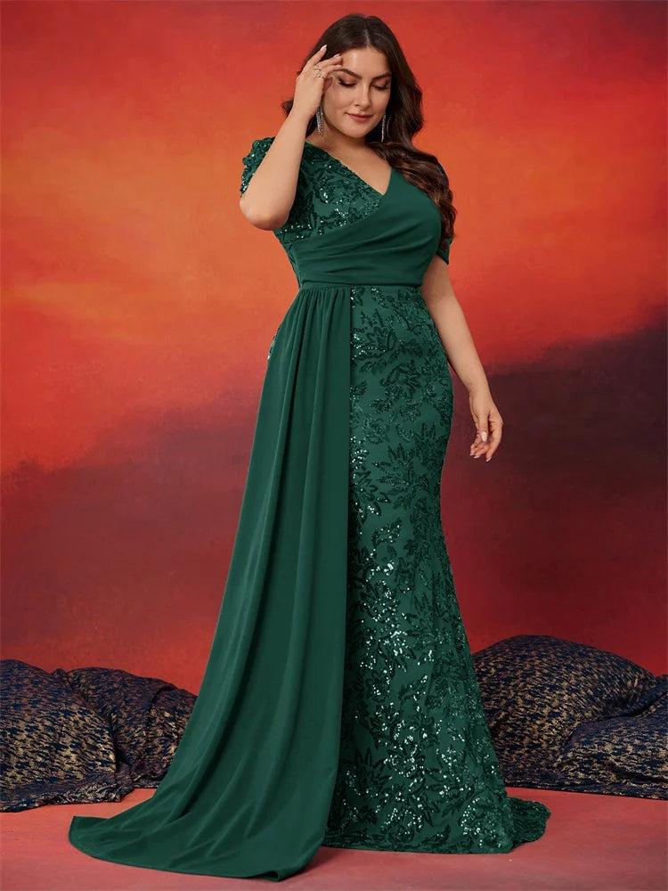 Plus Size Elegant V-neck Sequins Evening Dress Women Short Sleeves Mermaid Formal Luxury Party Streamer Prom Dress - JStorehub 