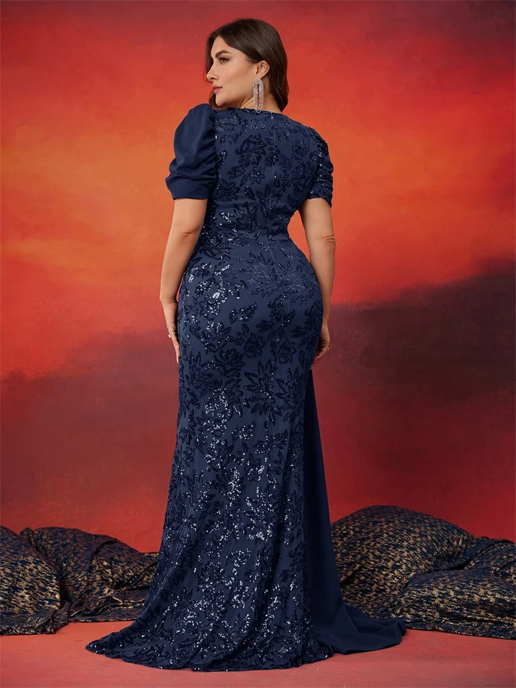 Plus Size Elegant V-neck Sequins Evening Dress Women Short Sleeves Mermaid Formal Luxury Party Streamer Prom Dress - JStorehub 