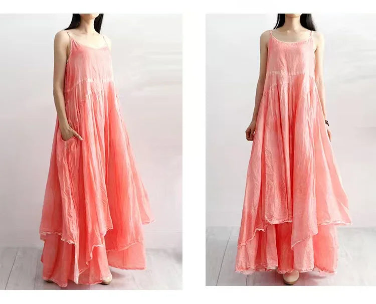 Summer Artistic Double Layer Linen Dress - Asymmetrical Hem Wide Waist - JStorehub 