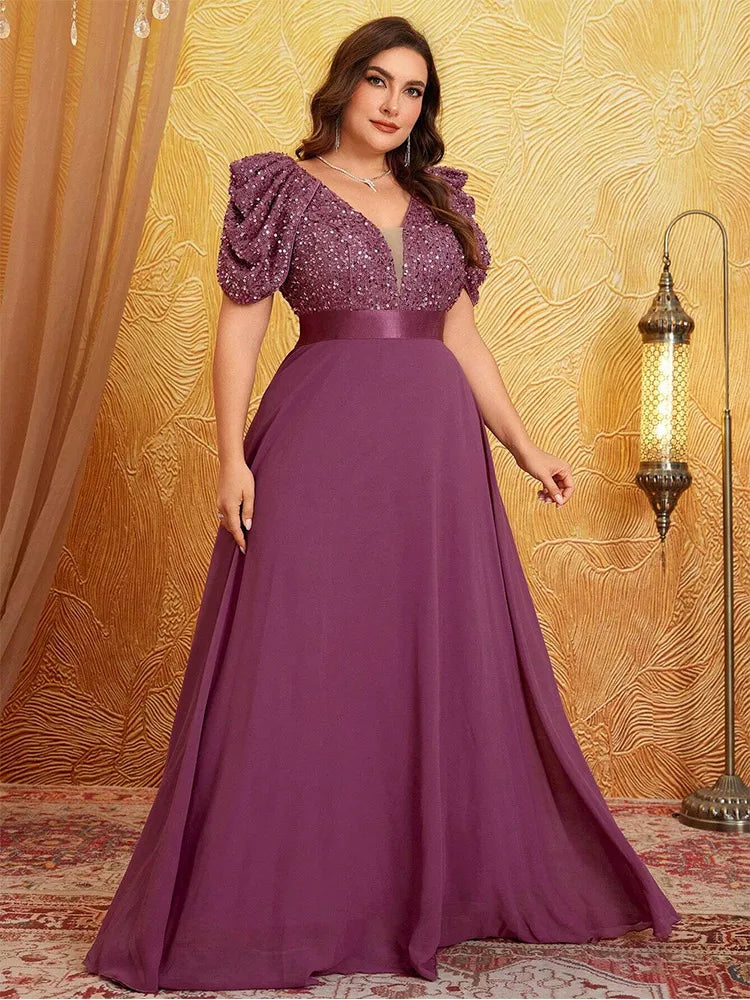 Plus Size Lotus Pink Sparkling Puff Sleeve Evening Dress 4XL 5XL - JStorehub 