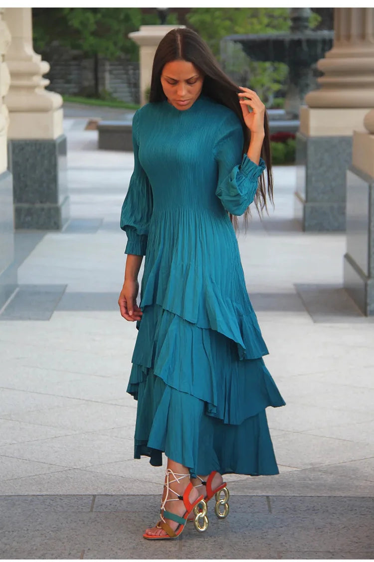 Miyake Pleated Lantern Sleeve Dress - Solid Color Lotus Edge Long Skirt - JStorehub 