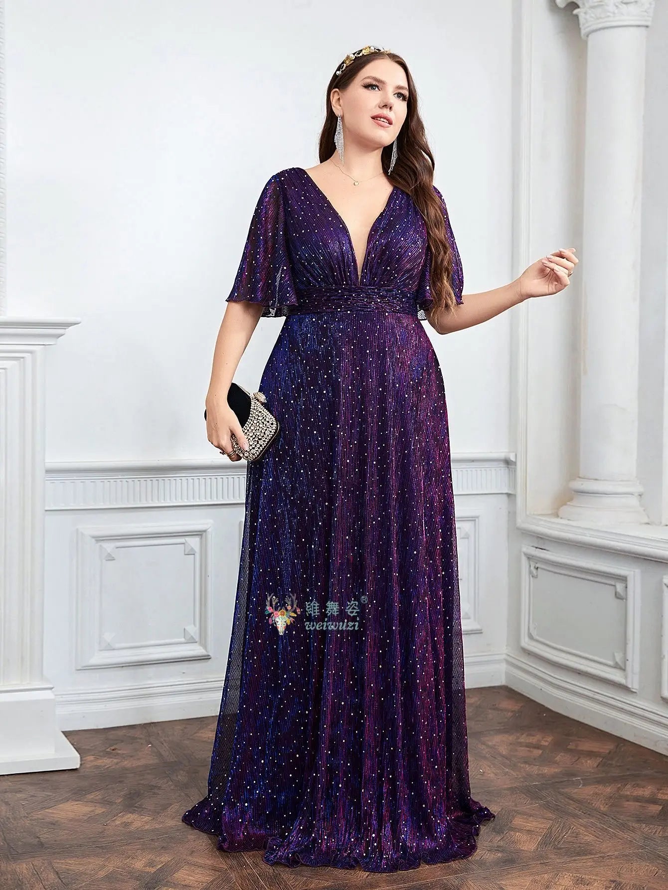 Plus Size Purple A-Line Evening Dress - Deep V-Neck Waist Cinched Rhinestone Gown - JStorehub 