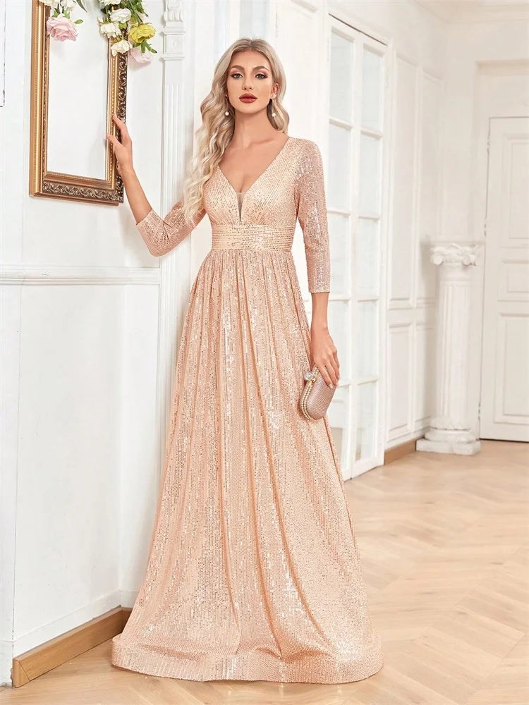 Luxury Blue Sequins V-Neck Long Sleeve Evening Dress - Prom Wedding Gown - SalmanStore 