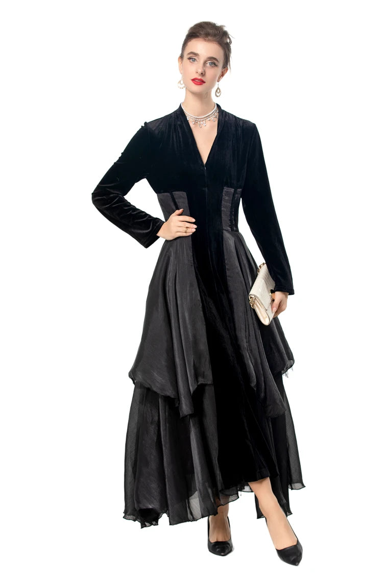 Women's Dresses Sexy V Neck Long Sleeves Velvet Patchwork Ruffles Elegant Fashion Designer Party Prom Gown - SalmanStore 