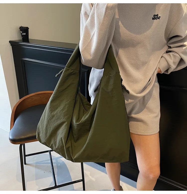 Chic Solid Color Nylon Tote Bag with Multiple Pockets - Large Capacity Shoulder Bag